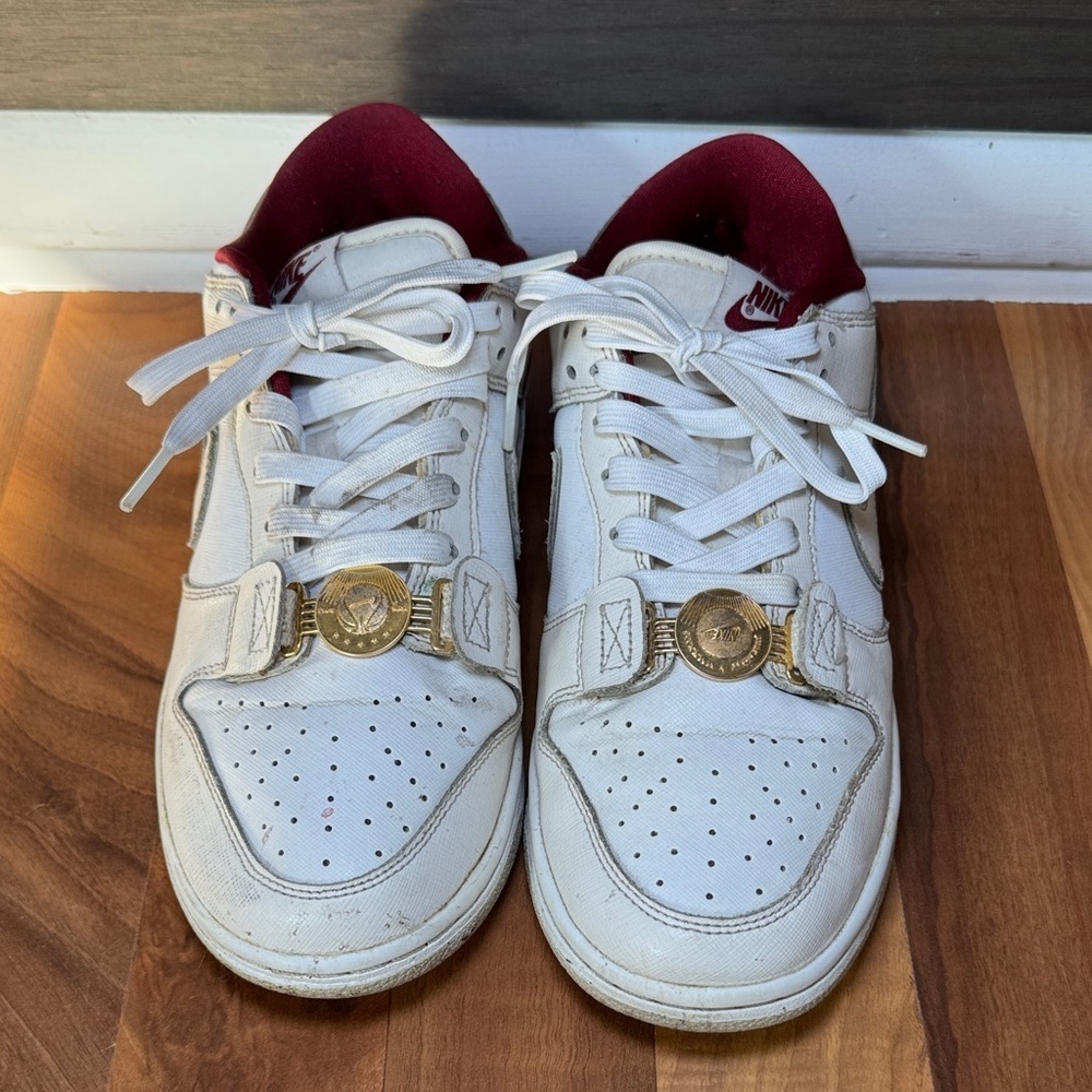 Nike dunk SE low sisterhood White Sneakers with Red Interior and Gold Details